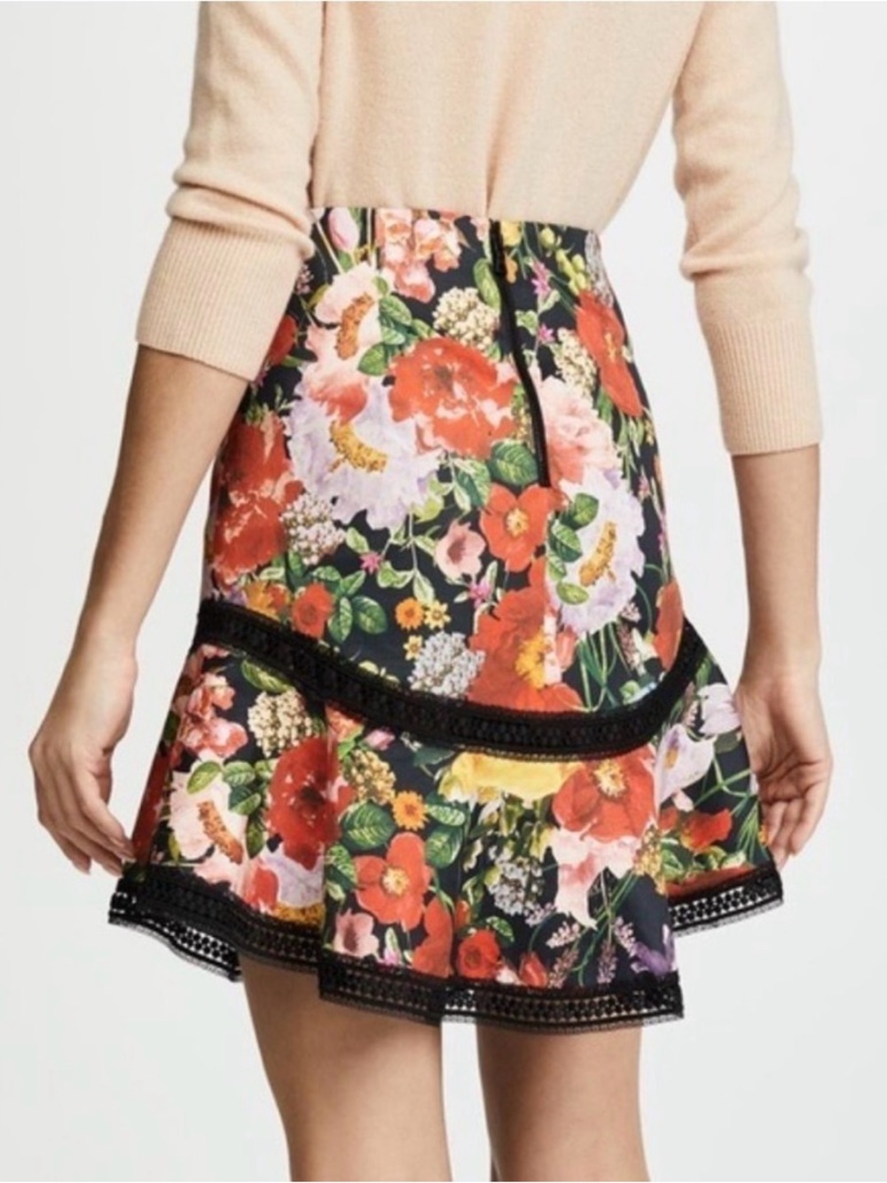 Alice + Olivia Eriko Floral Lace Trim Skirt Size 0 Garden Print Flare Mini - Picture 2 of 8